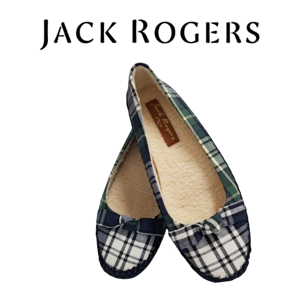Jack Rogers Blue & Green Glen Plaid Sherpa Lined Moccasin Flats Sz 8M